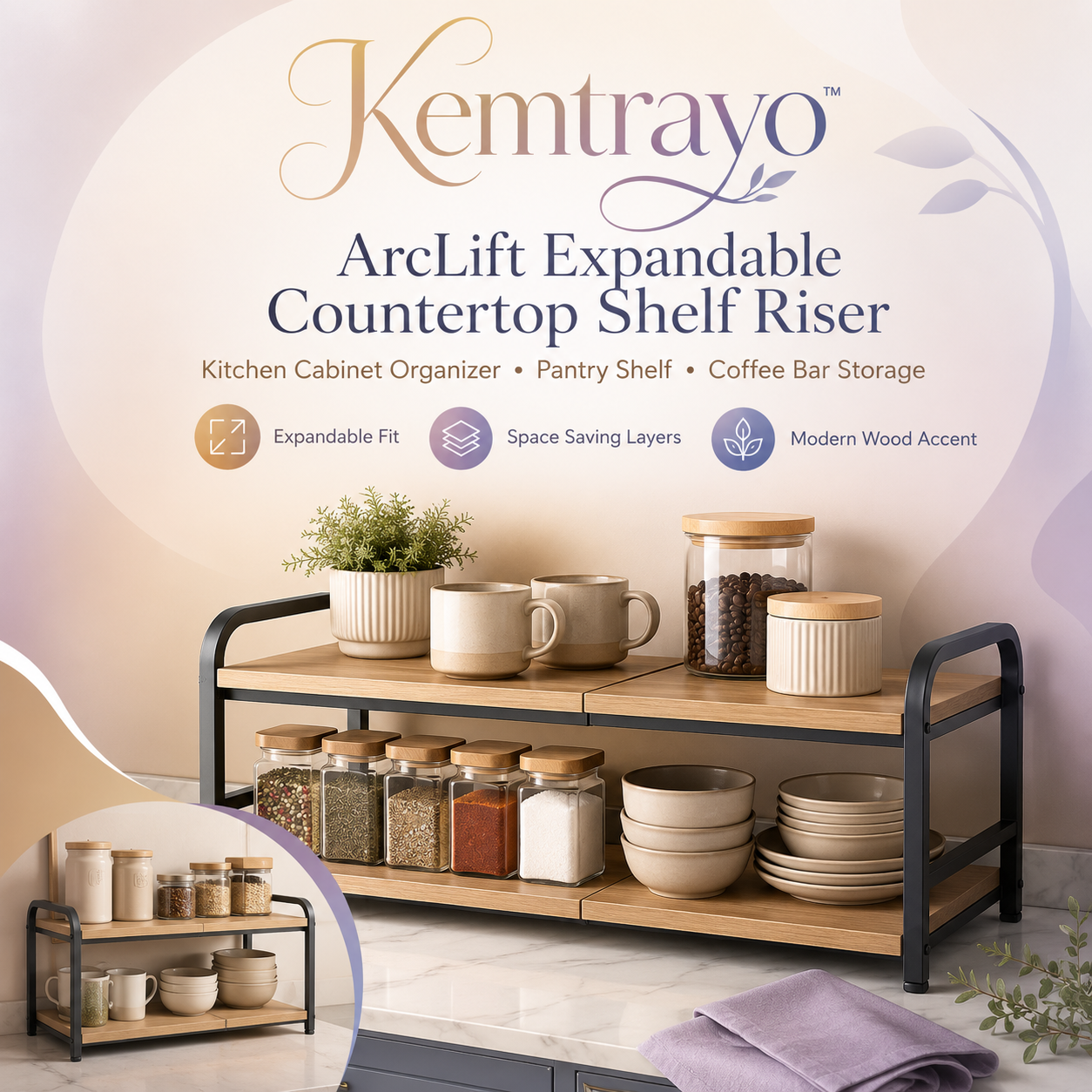 Kemtrayo™ ArcLift Expandable Countertop Shelf Riser