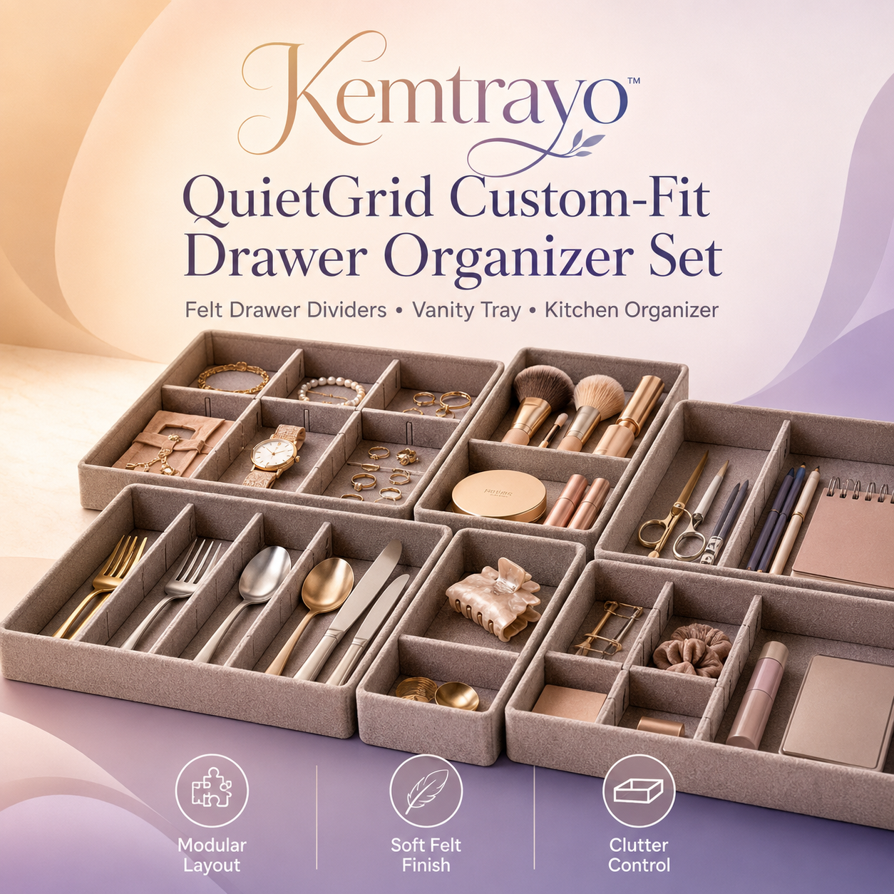 Kemtrayo™ QuietGrid Custom-Fit Drawer Organizer Set
