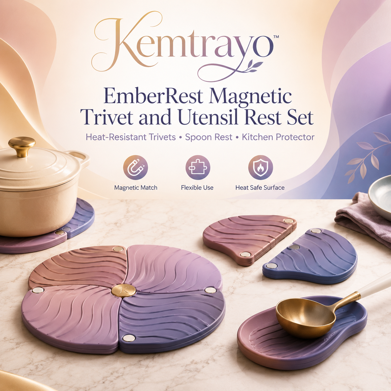Kemtrayo™ EmberRest Magnetic Trivet and Utensil Rest Set